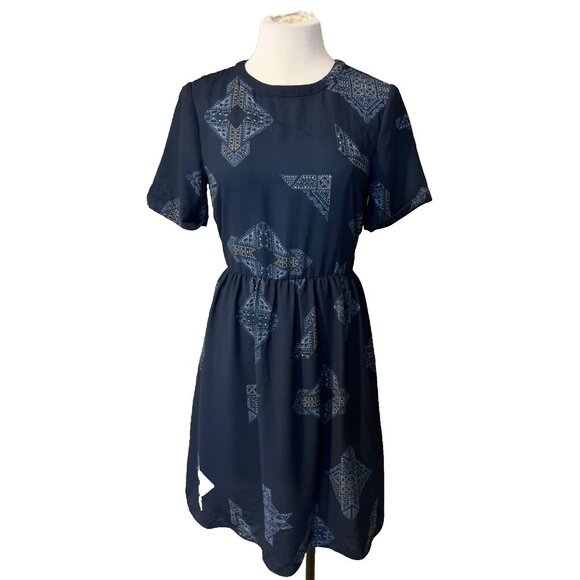 English Factory Dress Small S 2 4 6 Navy Blue Multi Short Sleeve Washable NWT - Picture 1 of 10